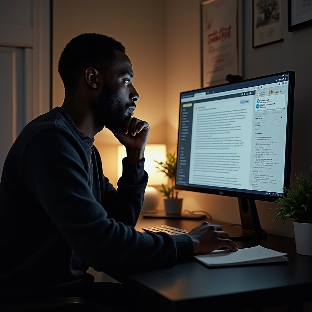 Writer at a clean desk researching technical SEO documentation with multiple browser tabs open showing robots.txt specifications